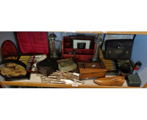 Miscellaneous items, inc. cutlery, brass lamp bases and boxes etc.