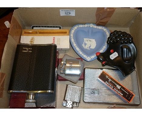 Lighters, cigars, hip flask, cigarette case and two ashtrays