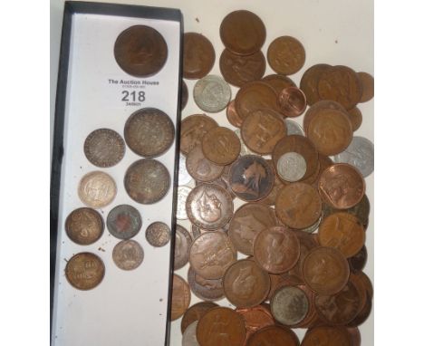 Five 1887 various silver coins, a 1787 Georgian shilling and a quantity of copper coins