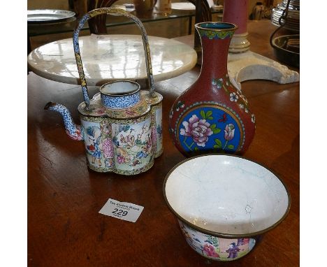 18th c. Chinese enamel teapot, a similar vase and a tea bowl