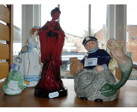 Royal Doulton Old Salt teapot, a Summertime figure, The Geisha and Top of the Hill (HN2126) figures