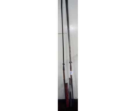 Tribal Art: Two Masai spears and Masai sword in leather scabbard