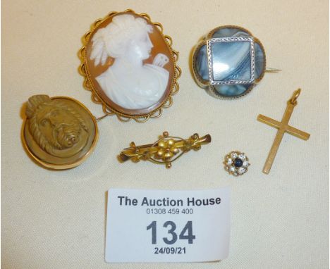 Antique jewellery: Victorian shell cameo in 9ct gold mount, 9ct gold crucifix pendant, 9ct bar brooch, gold lava cameo brooch