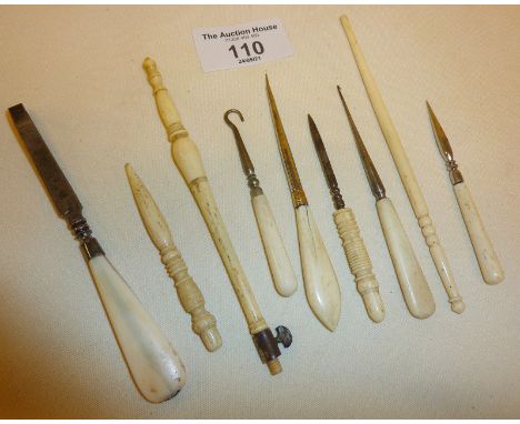 19th c. bone handled sewing and manicure implements or tools