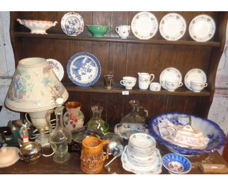 A quantity of china and glass, etc., inc. alabaster table lamp
