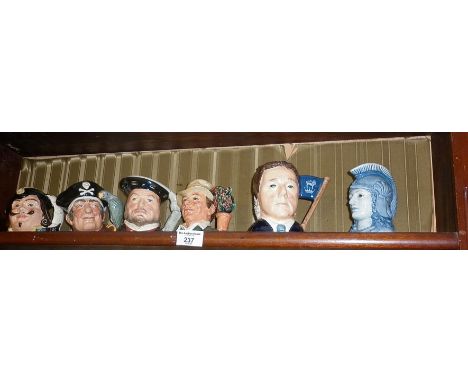 6 various character jugs by Royal Doulton, inc. Britannia, The Gardener, Long John Silver, Henry VIII, Henry Morgan, Sir Henr