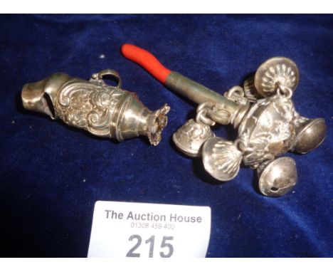 Victorian silver and coral baby rattle, maker JHM Ltd, and another (A/F)