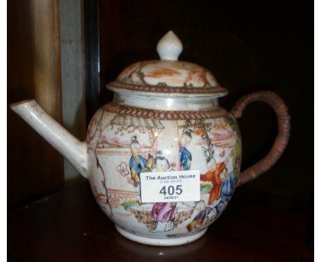 18th c. Chinese teapot with figures decoration, old repair to handle