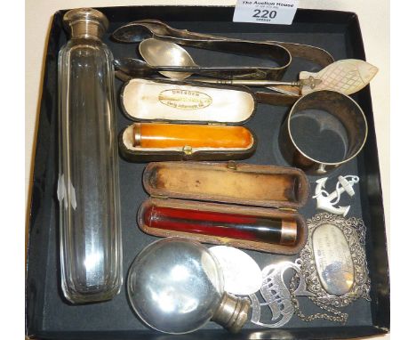 Box of collectables to include silver and gold. Inc. cased cheroot/cigar holders, decanter labels, spoons and tongs, etc.