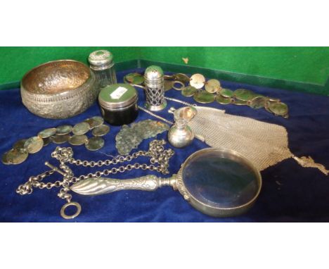 Foreign white metal necklaces, a fob chain, silver handled magnifying glass, silver pepperpot with blue glass liner, mess pur