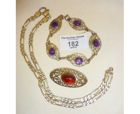 Sterling silver chain link necklace, amethyst and silver bracelet, and a silver brooch (missing pin)