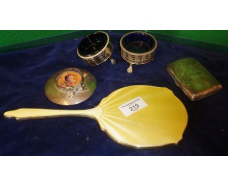 A silver "hat" pin cushion base, silver cigarette case, silver and enamel hand mirror and pair of silver salts with blue glas