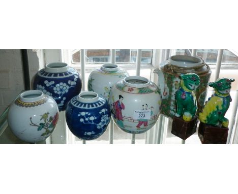 Five Chinese ginger jars and a teapot