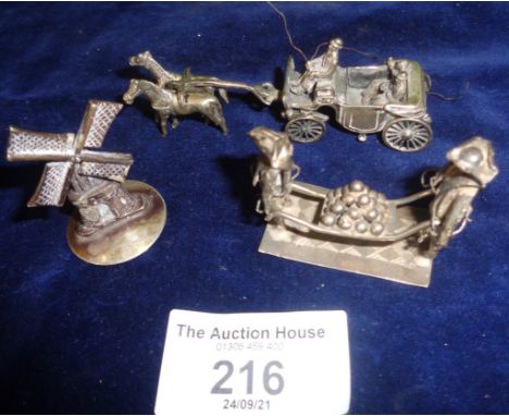 Dutch silver miniature windmill, similar carriage and horses and market porters carrying cheeses