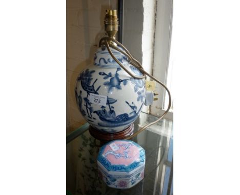 Modern Chinese blue and white table lamp and a dish with cover