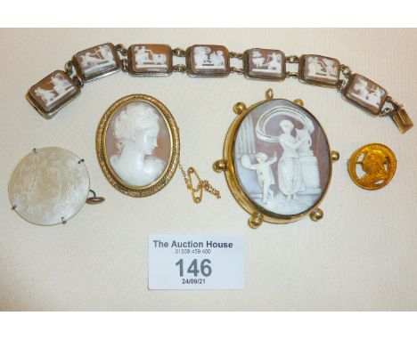 Fine Victorian cameo jewellery, inc. bracelet and brooches. Chinese mother of pearl gaming counter pendant engraved with dove