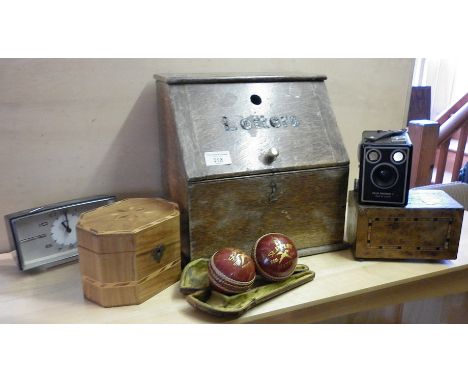 Tea caddy, inlaid offertory box, wooden letter box and two vintage cricket balls, etc.