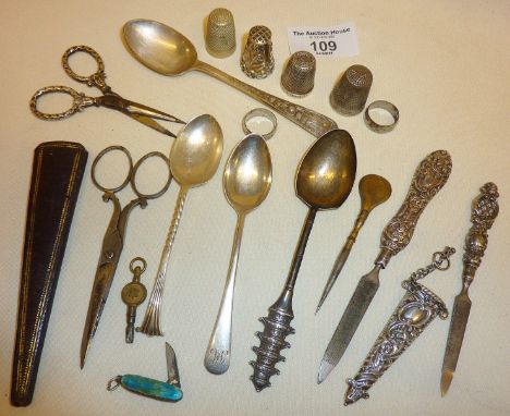 Hallmarked silver spoons, sewing scissors, silver and other thimbles, miniature enamelled chatelaine penknife, and other item