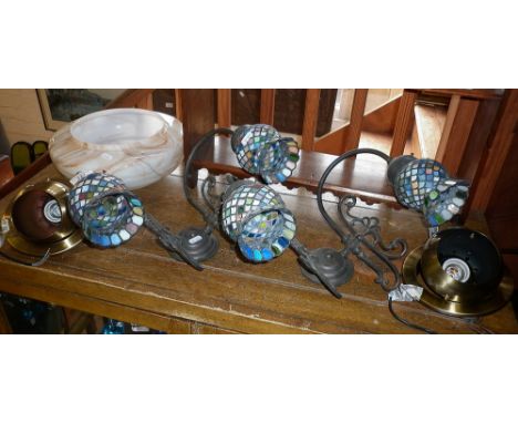 Pair of double wall lights with Tiffany-style shades, a glass ceiling light shade and two sunken light fittings