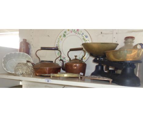 Copper kettles, kitchen scales, jelly moulds, a Royal Worcester Arcadia cheese plate, etc.