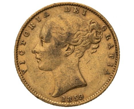 UNITED KINGDOM. Victoria, 1837-1901. Gold sovereign, 1859. London. Second young head of Victoria facing left, hair tied in fi