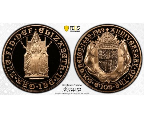 UNITED KINGDOM. Elizabeth II, 1952-. Gold 2 pounds (double sovereign), 1989. Royal Mint. Proof. Commemorating the 500 years a