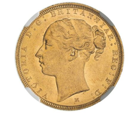 AUSTRALIA. Victoria, 1837-1901. Gold sovereign, 1885 M. Melbourne. St George; WW Buried. Small B.P.. Young head left, WW buri