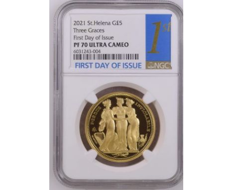 UNITED KINGDOM. ST. HELENA. Elizabeth II, 1952-. Gold 5 pounds, 2021. East India Company. Proof. Commissioned and produced by