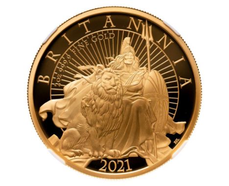 UNITED KINGDOM. Elizabeth II, 1952-. Gold 200 pounds, 2021. Royal Mint. Proof. Seated Britannia with seated Lion in foregroun