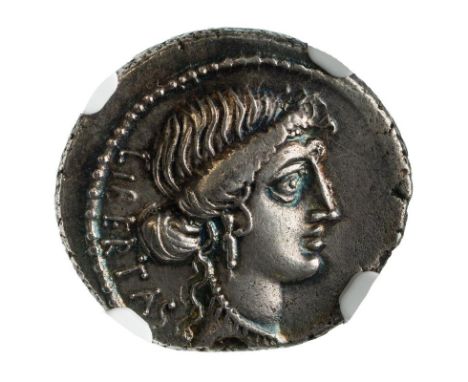 ANCIENT ROME. ROMAN IMPERATORIAL. Marcus Junius Brutus as Moneyer. Silver denarius, c. 54 BC. Portrait of Libertas facing rig