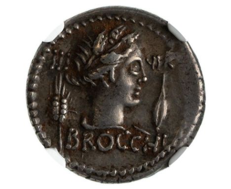 ANCIENT ROME. ROMAN REPUBLIC. Lucius Furius Brocchus. Silver denarius, c. 63 BC. Portrait of harvest goddess Ceres wearing a 