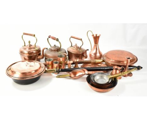 A mixed group of copperware including two warming pans, teapot, etc.