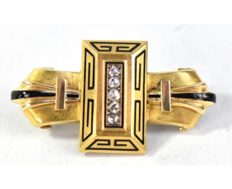 A yellow metal Art Deco-style brooch set with five old cut diamonds to centre and further black enamelled detail, with later 