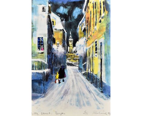 HAROLD RILEY DL, D LIT, FRCS, DFA, ATC (born 1934); a signed limited edition print, 'Little Street, Bruges', no. 18/50 and da