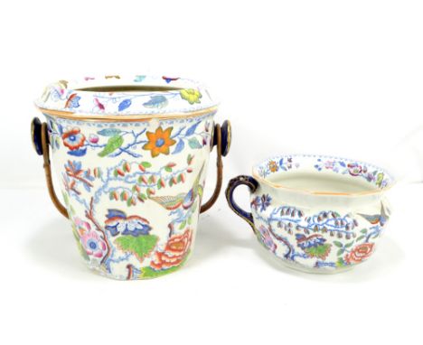 MASONS; an Ironstone bucket with liner, and a matching chamber pot with snake handle, both with printed marks, height of buck