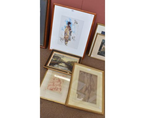An unsigned pencil&nbsp; drawing depicting a nude male figure, 39 x 25cm, indistinctly signed in pencil artist proof print de