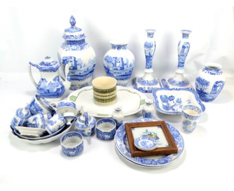 SPODE; a large quantity of blue and white ceramics to include a pair of candlesticks, a teapot, a lidded vase, etc.