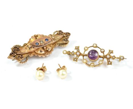 A Victorian 9ct yellow gold brooch, also an Edwardian 9ct yellow gold seed pearl and amethyst brooch, and a pair of yellow me