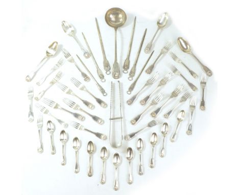 HAMILTON &amp; CO OF CALCUTTA; a group of Indian Colonial silver double struck Shell pattern flatware including soup ladle, m
