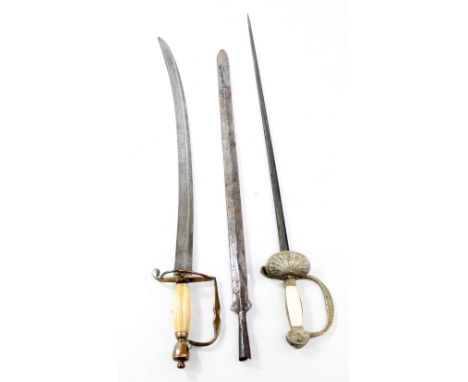 A 19th century hanger with brass guard and ivory grip (lower joint af), blade length approx 69cm, a court or short sword with