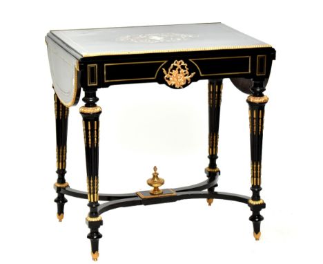 A late 19th century French ebonised brass, mother of pearl and ivory inlaid sofa table, with gilt metal mounts, twin oval fla