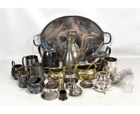 A group of silver plated items and further metalware including teapot, ewer, sauce boat, etc.&nbsp;