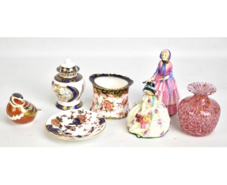 A small group of ceramics and ceramic figures comprising Royal Crown Derby bird paperweight (second), two Royal Doulton figur