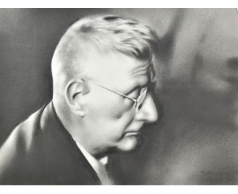 MARC GRIMSHAW (born 1957); pencil study, portrait of Laurence Stephen Lowry, signed, 29.5 x 40cm, framed and glazed.
