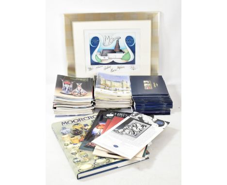 MOORCROFT; a coloured print depicting the Moorcroft factory signed by designers including Emma Bossons and Rachel Bishop, 14.