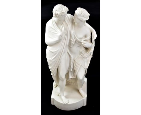 A late 19th century Parian ware figure group modelled as a Classical couple, on circular stand beneath glass dome.Additional 