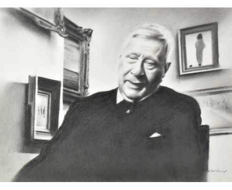MARC GRIMSHAW (born 1957);&nbsp;pencil study, portrait of Lowry with Lowry's originals hanging behind, signed, 30 x 39.5cm, f