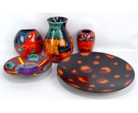 POOLE POTTERY; five items comprising charger on black ground, diameter 40.5cm, shallow bowl and three vases (5).&nbsp;Additio