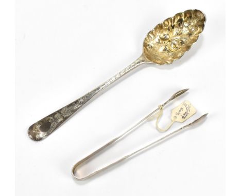 GEORGE TURNER; a George III hallmarked silver pair of sugar tongs, London 1811, and an indistinctly hallmarked berry spoon, a