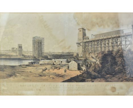 AFTER HAWKINS; a mid-19th century lithograph by Bay &amp; Son, 'Britannia Tubular Bridge over the Menai Strait', depicting th